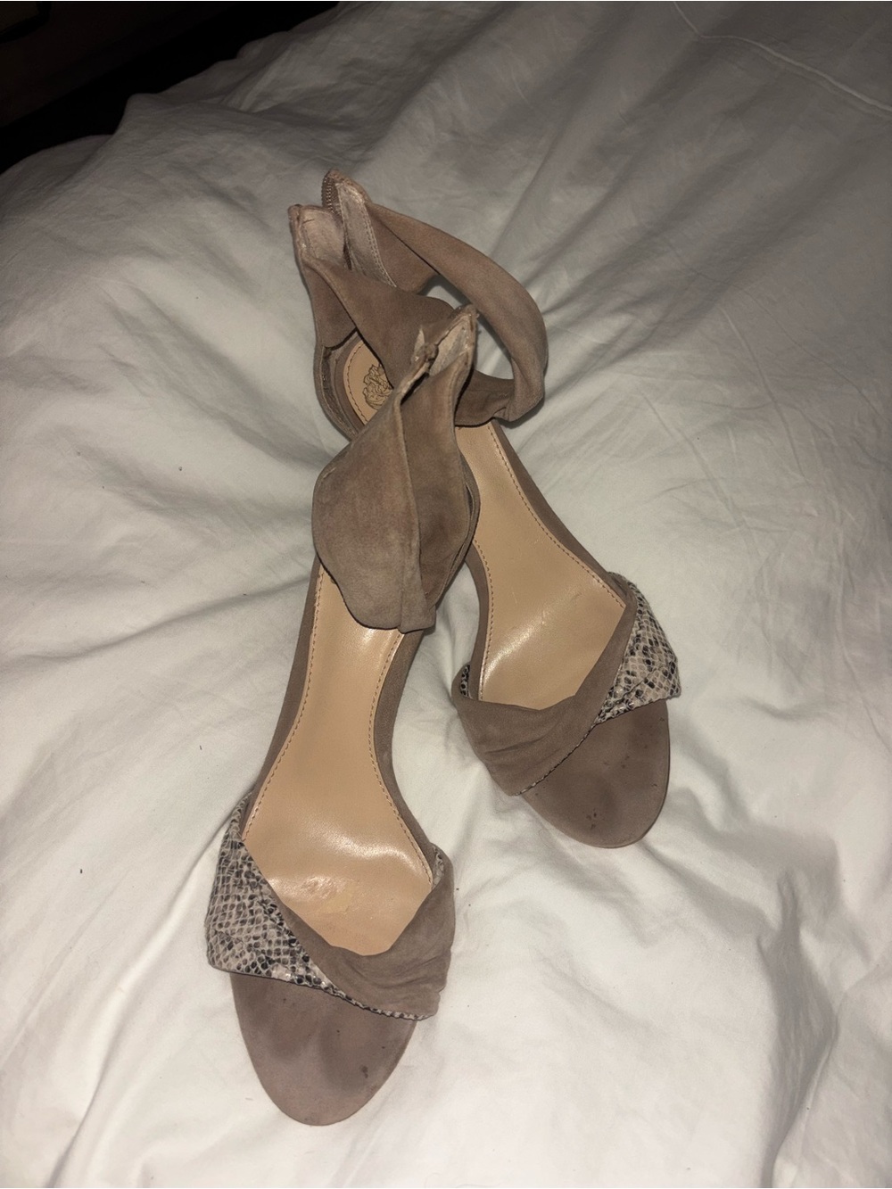 Vince Camuto Taupe Suede Ankle-Strap Sandal with Snakeskin Accent